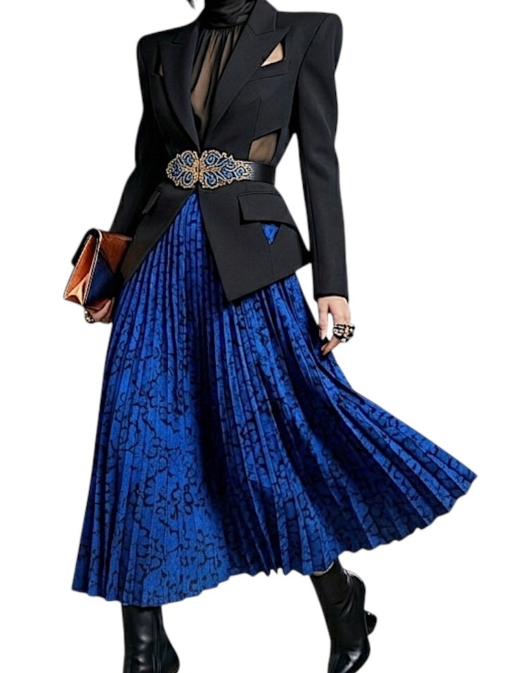 VTG 80s 90s Steilmann W Germany blue black print accordian pleated maxi skirt 4